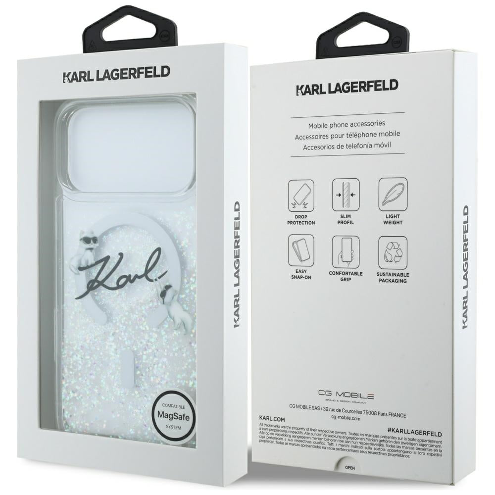 Capa MagSafe para Apple iPhone 17 Pro Max, Karl Lagerfeld, Glitter Karl Script Logo, Transparente
