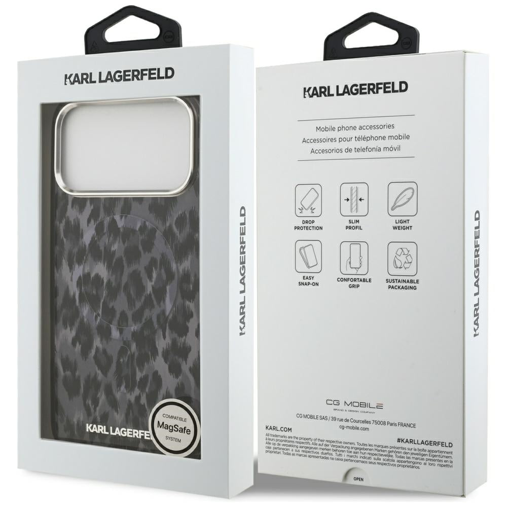 Capa MagSafe para Apple iPhone 17 Pro Max, Karl Lagerfeld, Padrão Leopardo IML, Preta