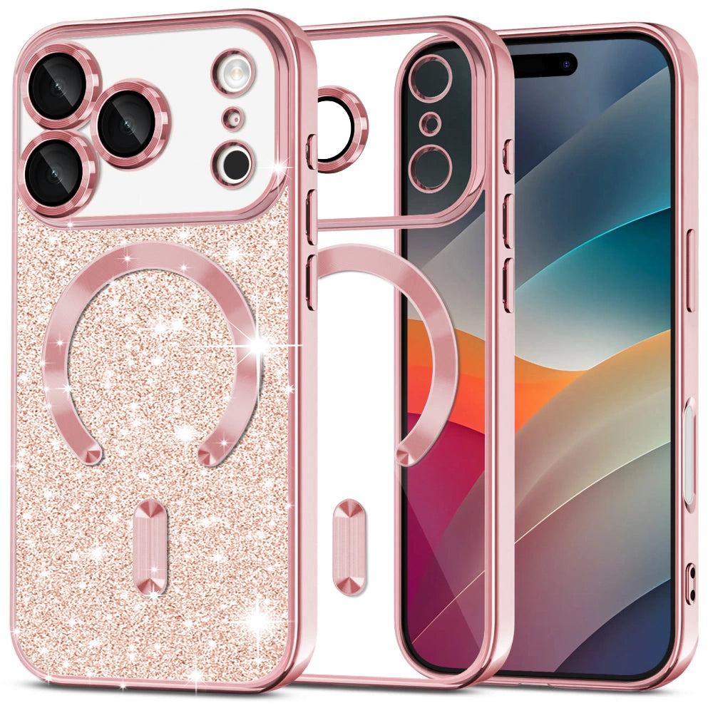 Capa MagSafe para Apple iPhone 17 Pro Max, Techsuit, Luxury Glitter, Rosa Dourado