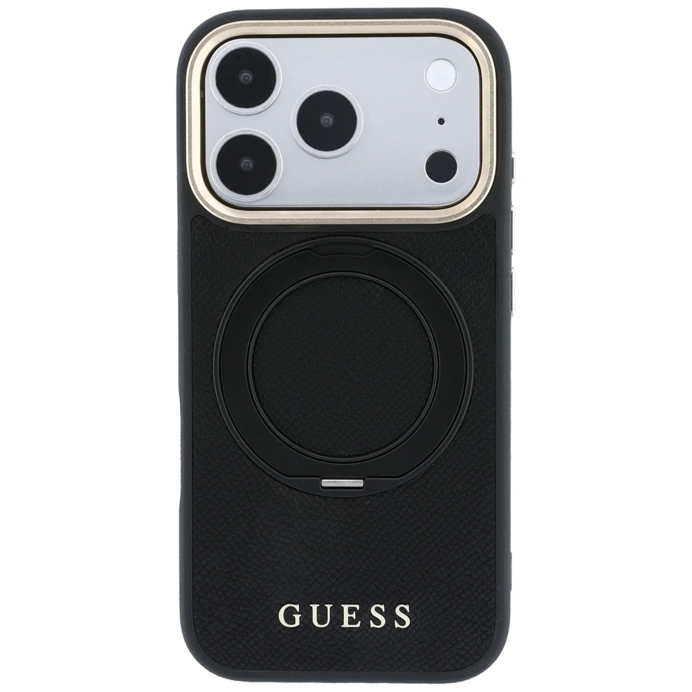 Capa MagSafe para Apple iPhone 18 Pro / 17 Pro, Guess, Grained Ring Stand 360 Classic, Preta