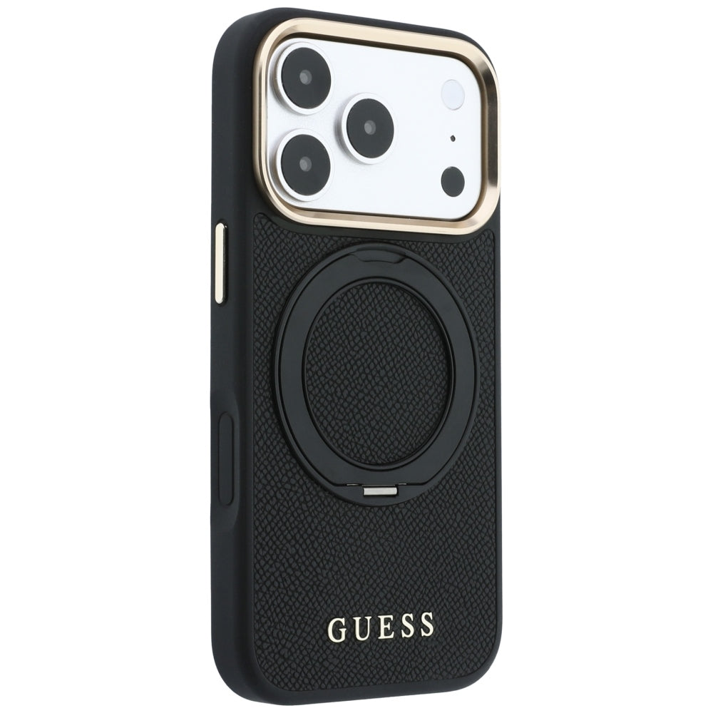 Capa MagSafe para Apple iPhone 18 Pro / 17 Pro, Guess, Grained Ring Stand 360 Classic, Preta