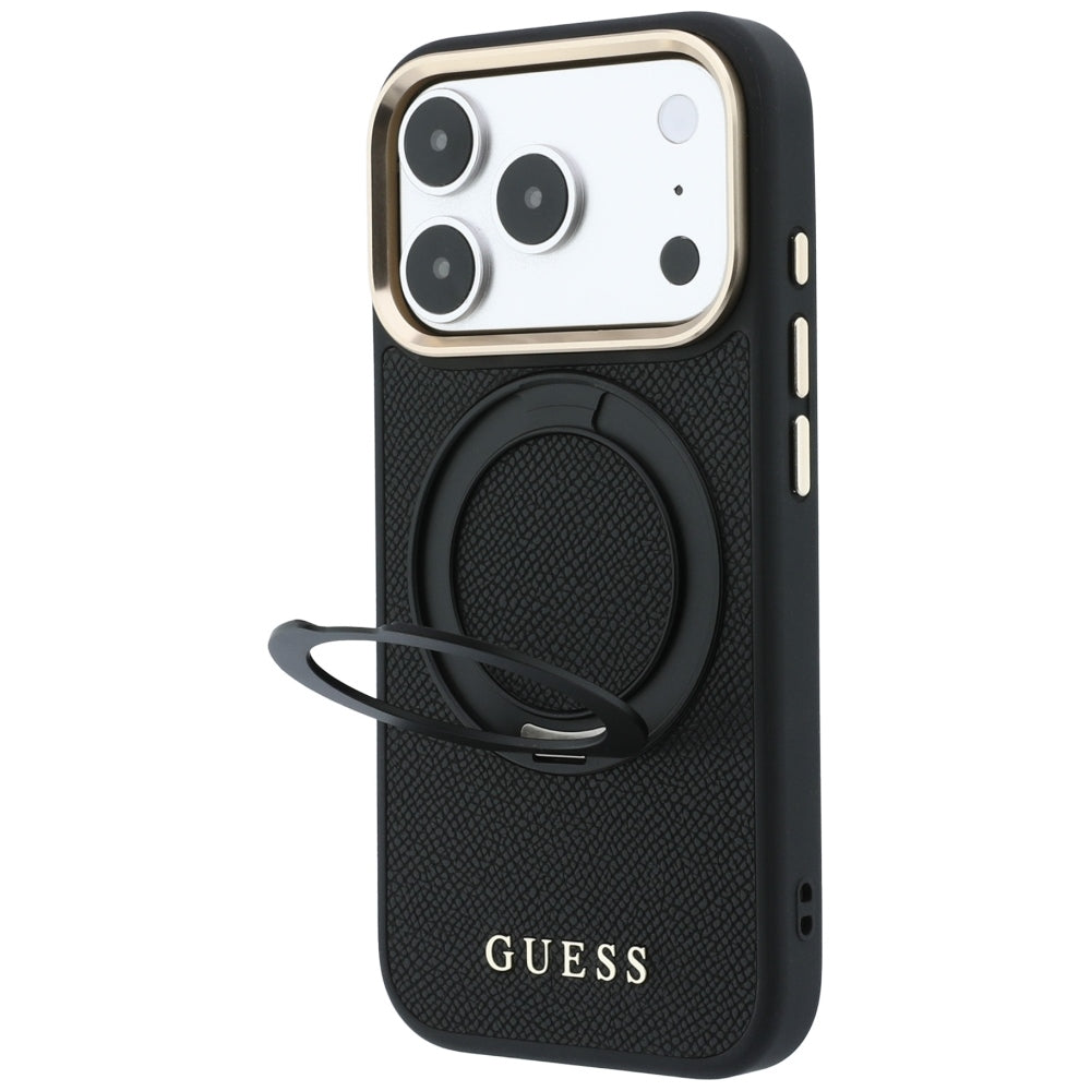 Capa MagSafe para Apple iPhone 18 Pro / 17 Pro, Guess, Grained Ring Stand 360 Classic, Preta