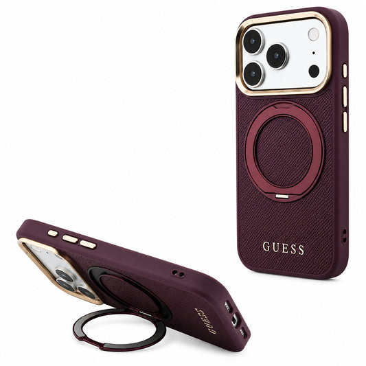 Capa MagSafe para Apple iPhone 18 Pro / 17 Pro, Guess, Grained Ring Stand 360 Classic, cor de vinho