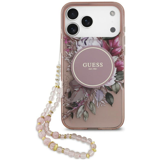 Capa MagSafe para Apple iPhone 18 Pro / 17 Pro, Guess, IML Flowers with Pearl Strap, Rosa