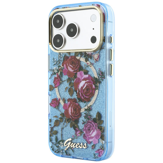Capa MagSafe para Apple iPhone 18 Pro / 17 Pro, Guess, IML Glitter Blossom Roses, Azul