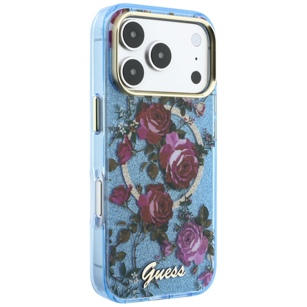 Capa MagSafe para Apple iPhone 18 Pro / 17 Pro, Guess, IML Glitter Blossom Roses, Azul