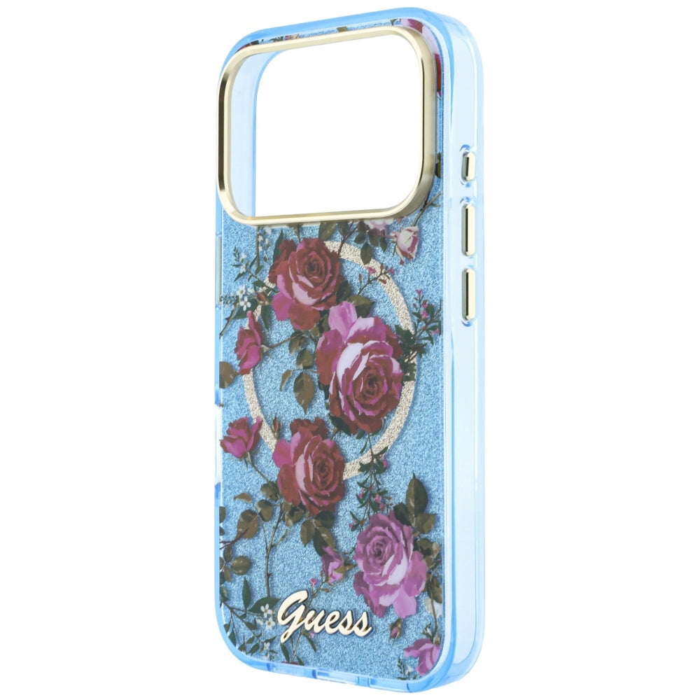 Capa MagSafe para Apple iPhone 18 Pro / 17 Pro, Guess, IML Glitter Blossom Roses, Azul