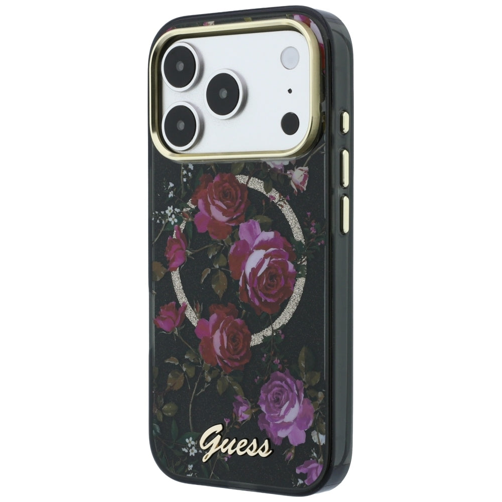 Capa MagSafe para Apple iPhone 18 Pro / 17 Pro, Guess, IML Glitter Blossom Roses, Preta