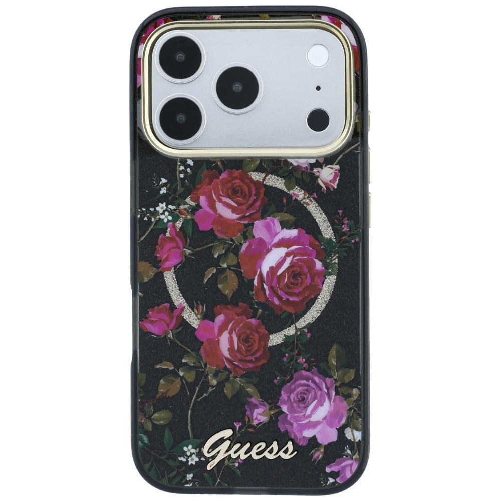 Capa MagSafe para Apple iPhone 18 Pro / 17 Pro, Guess, IML Glitter Blossom Roses, Preta