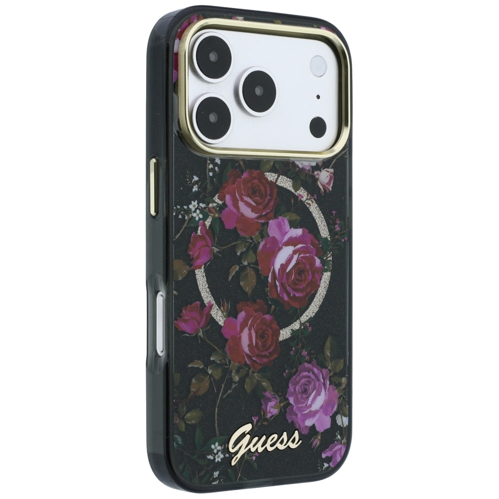 Capa MagSafe para Apple iPhone 18 Pro / 17 Pro, Guess, IML Glitter Blossom Roses, Preta