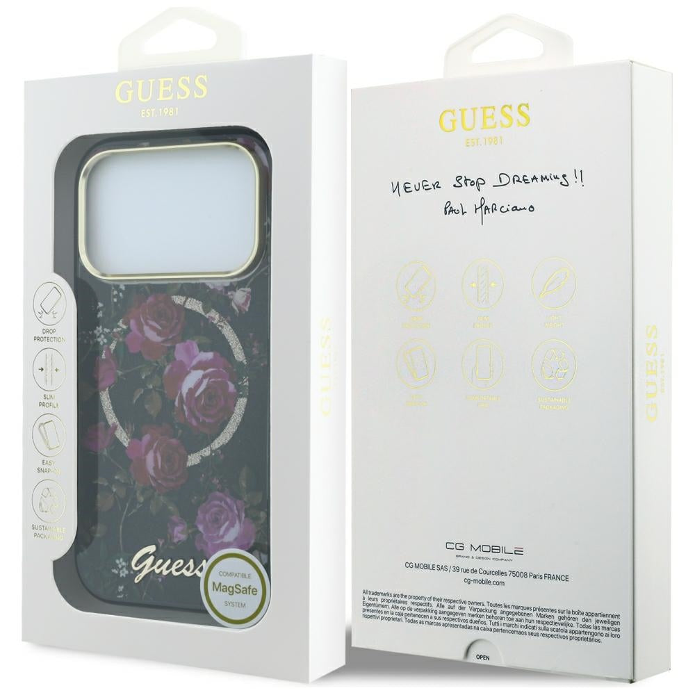 Capa MagSafe para Apple iPhone 18 Pro / 17 Pro, Guess, IML Glitter Blossom Roses, Preta
