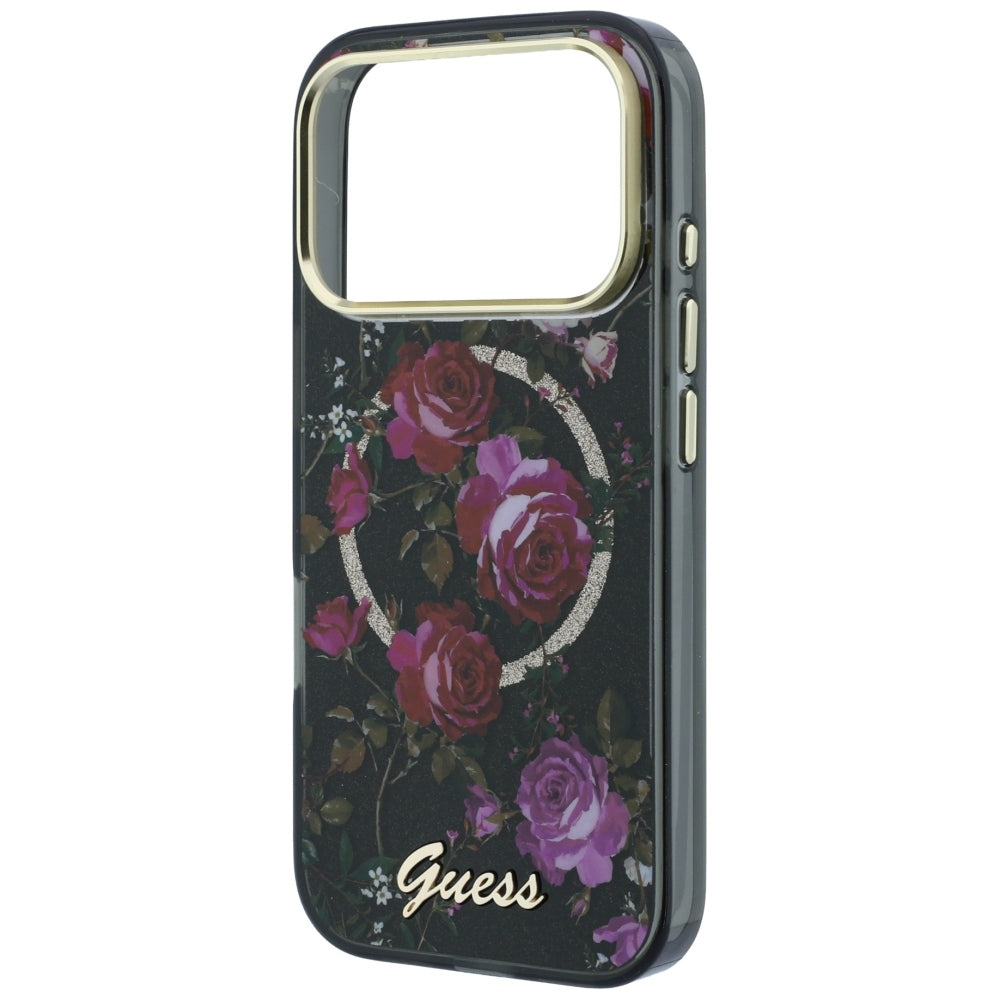 Capa MagSafe para Apple iPhone 18 Pro / 17 Pro, Guess, IML Glitter Blossom Roses, Preta