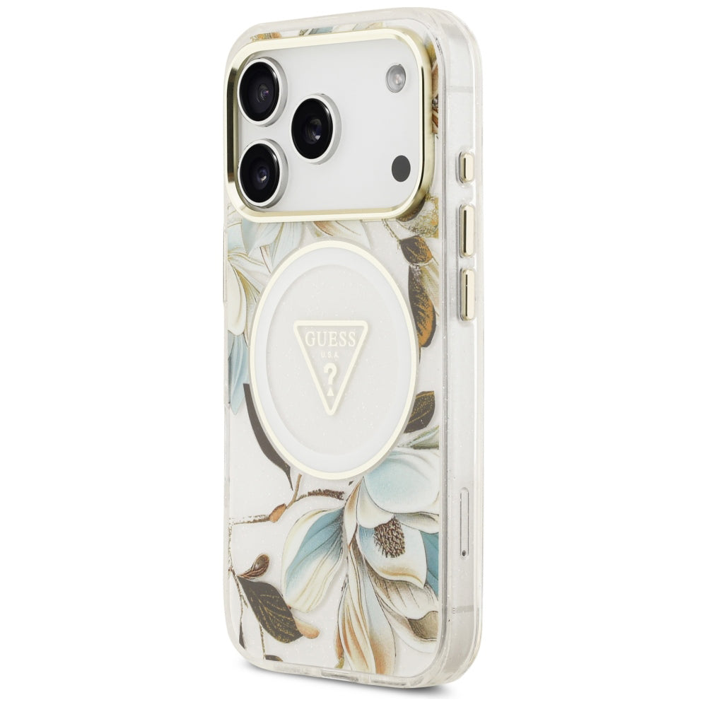 Capa MagSafe para Apple iPhone 18 Pro / 17 Pro, Guess, IML Metal Glitter Flowers Triangle, Branca