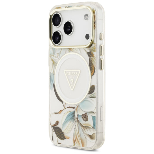 Capa MagSafe para Apple iPhone 18 Pro / 17 Pro, Guess, IML Metal Glitter Flowers Triangle, Branca
