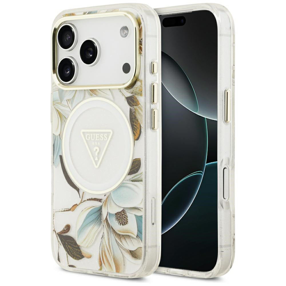 Capa MagSafe para Apple iPhone 18 Pro / 17 Pro, Guess, IML Metal Glitter Flowers Triangle, Branca
