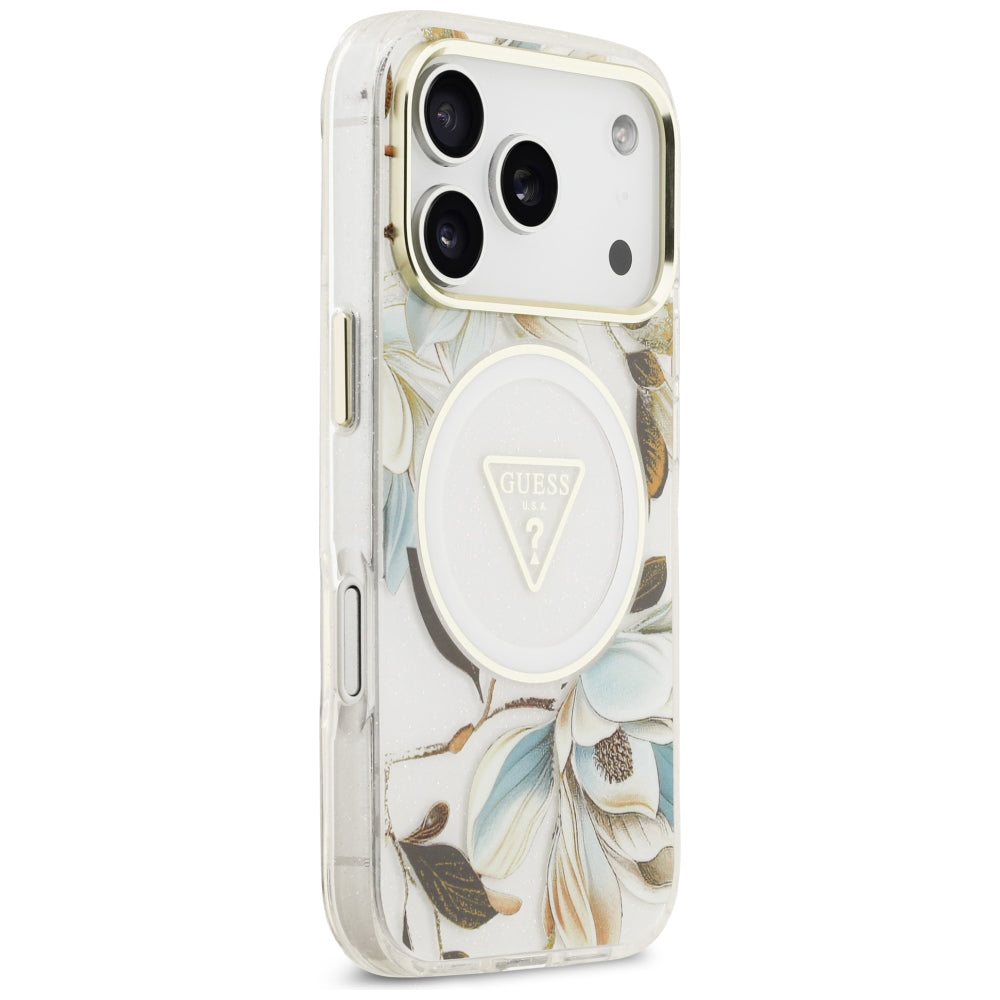 Capa MagSafe para Apple iPhone 18 Pro / 17 Pro, Guess, IML Metal Glitter Flowers Triangle, Branca