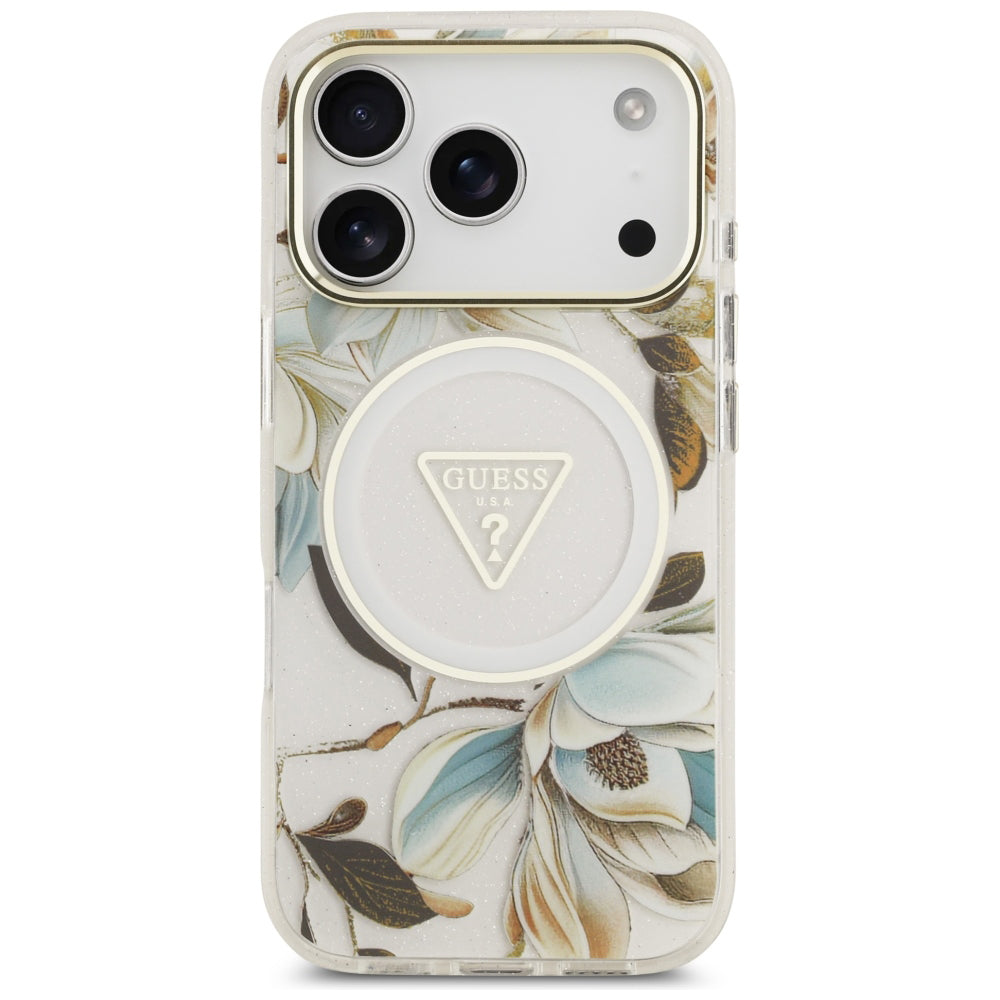 Capa MagSafe para Apple iPhone 18 Pro / 17 Pro, Guess, IML Metal Glitter Flowers Triangle, Branca