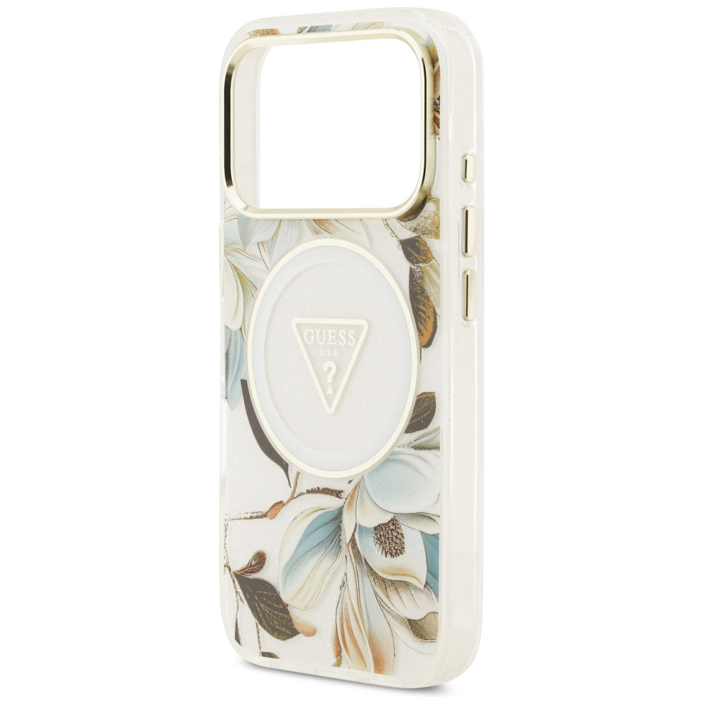 Capa MagSafe para Apple iPhone 18 Pro / 17 Pro, Guess, IML Metal Glitter Flowers Triangle, Branca