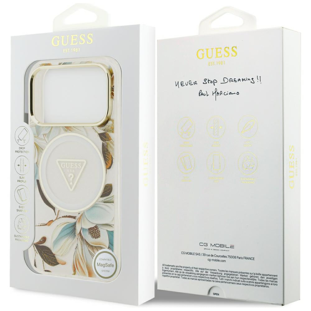 Capa MagSafe para Apple iPhone 18 Pro / 17 Pro, Guess, IML Metal Glitter Flowers Triangle, Branca