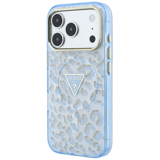 Capa MagSafe para Apple iPhone 18 Pro / 17 Pro, Guess, Logótipo Triângulo com Brilho Leopardo, Azul