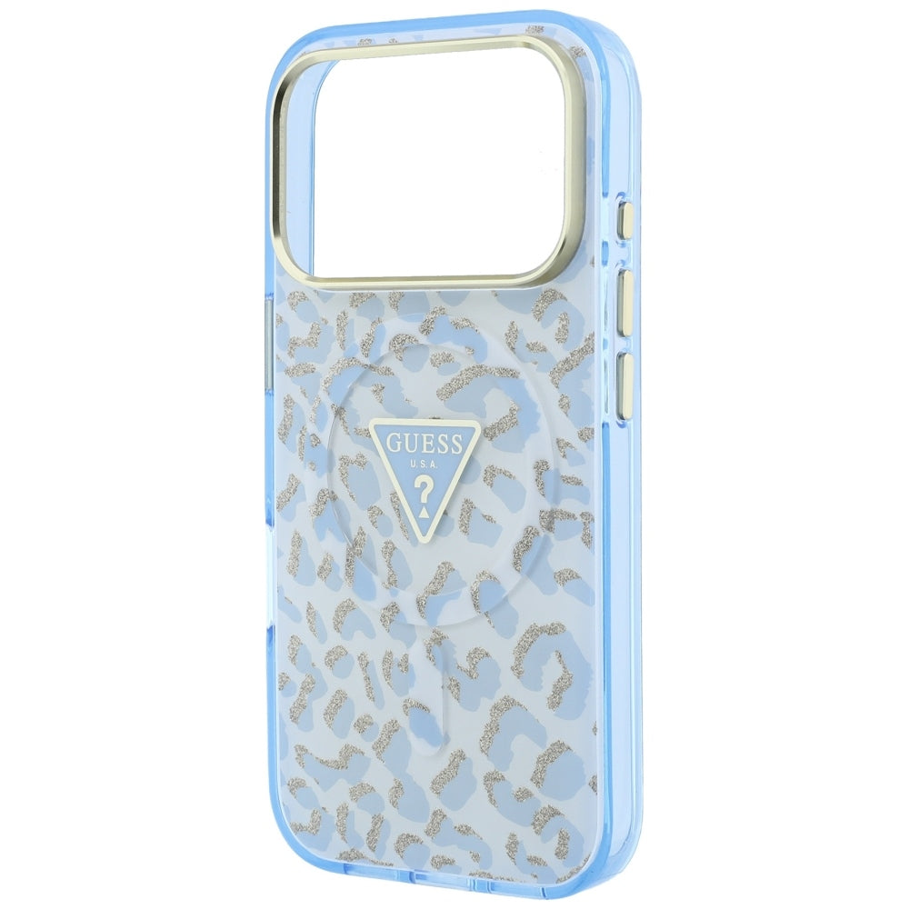 MagSafe Case for Apple iPhone 18 Pro / 17 Pro, Guess, Leopard Glitter Triangle Logo, Blue