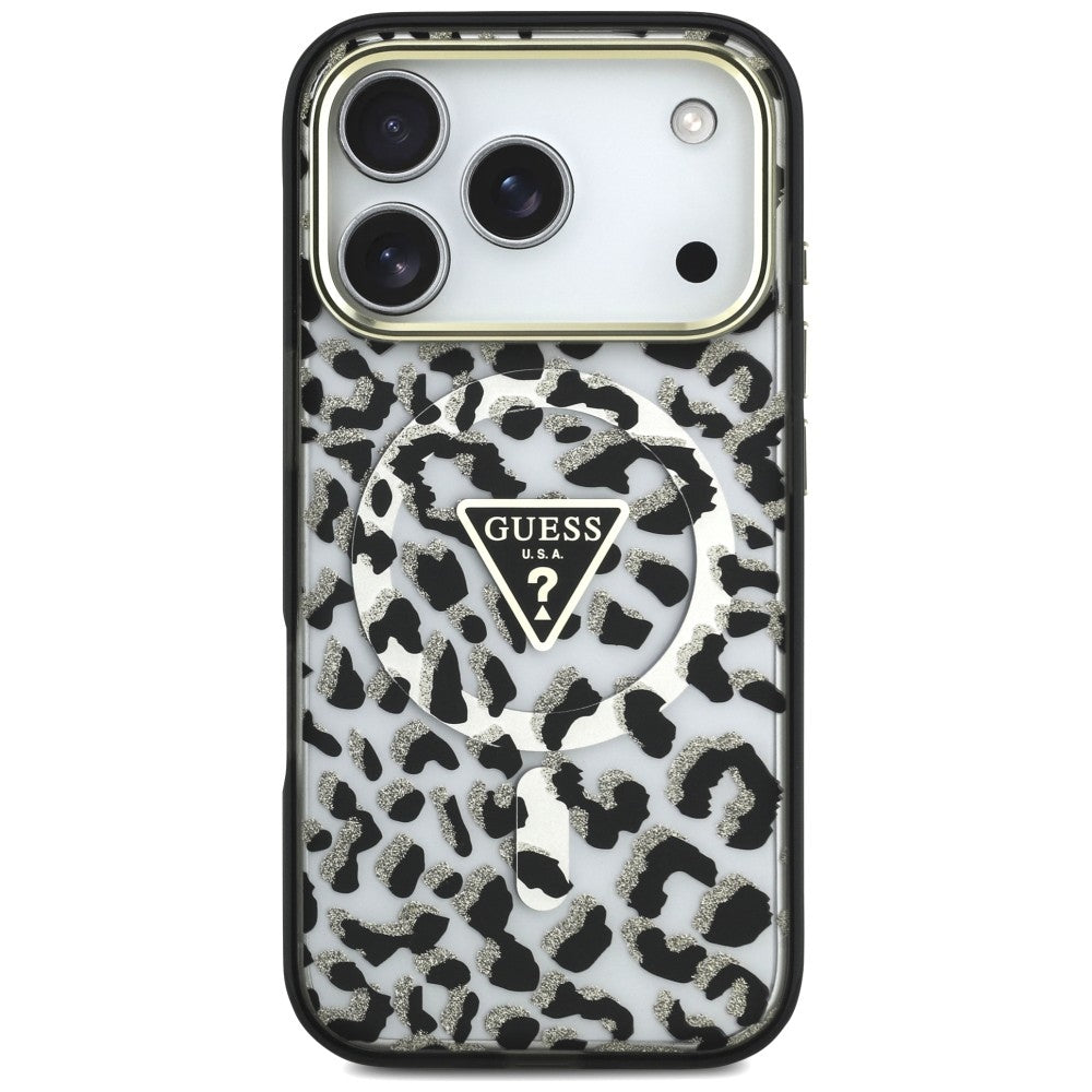 Capa MagSafe para Apple iPhone 18 Pro / 17 Pro, Guess, Logo Triângulo Glitter Leopardo, Preta