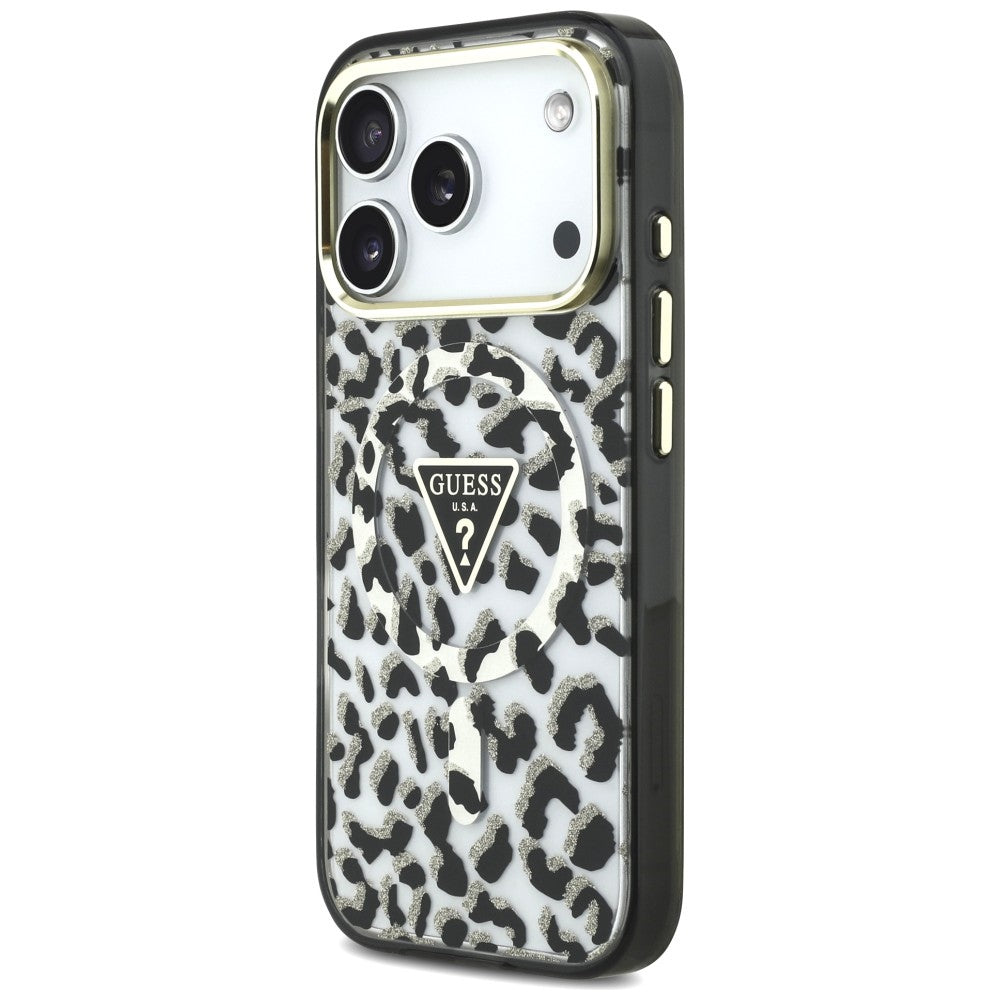 Capa MagSafe para Apple iPhone 18 Pro / 17 Pro, Guess, Logo Triângulo Glitter Leopardo, Preta