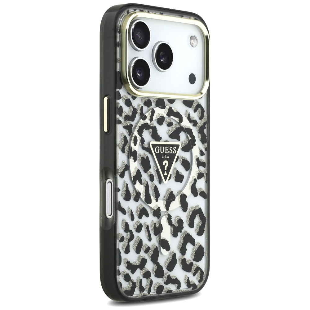 Capa MagSafe para Apple iPhone 18 Pro / 17 Pro, Guess, Logo Triângulo Glitter Leopardo, Preta
