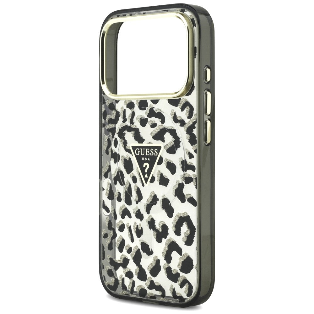 Capa MagSafe para Apple iPhone 18 Pro / 17 Pro, Guess, Logo Triângulo Glitter Leopardo, Preta