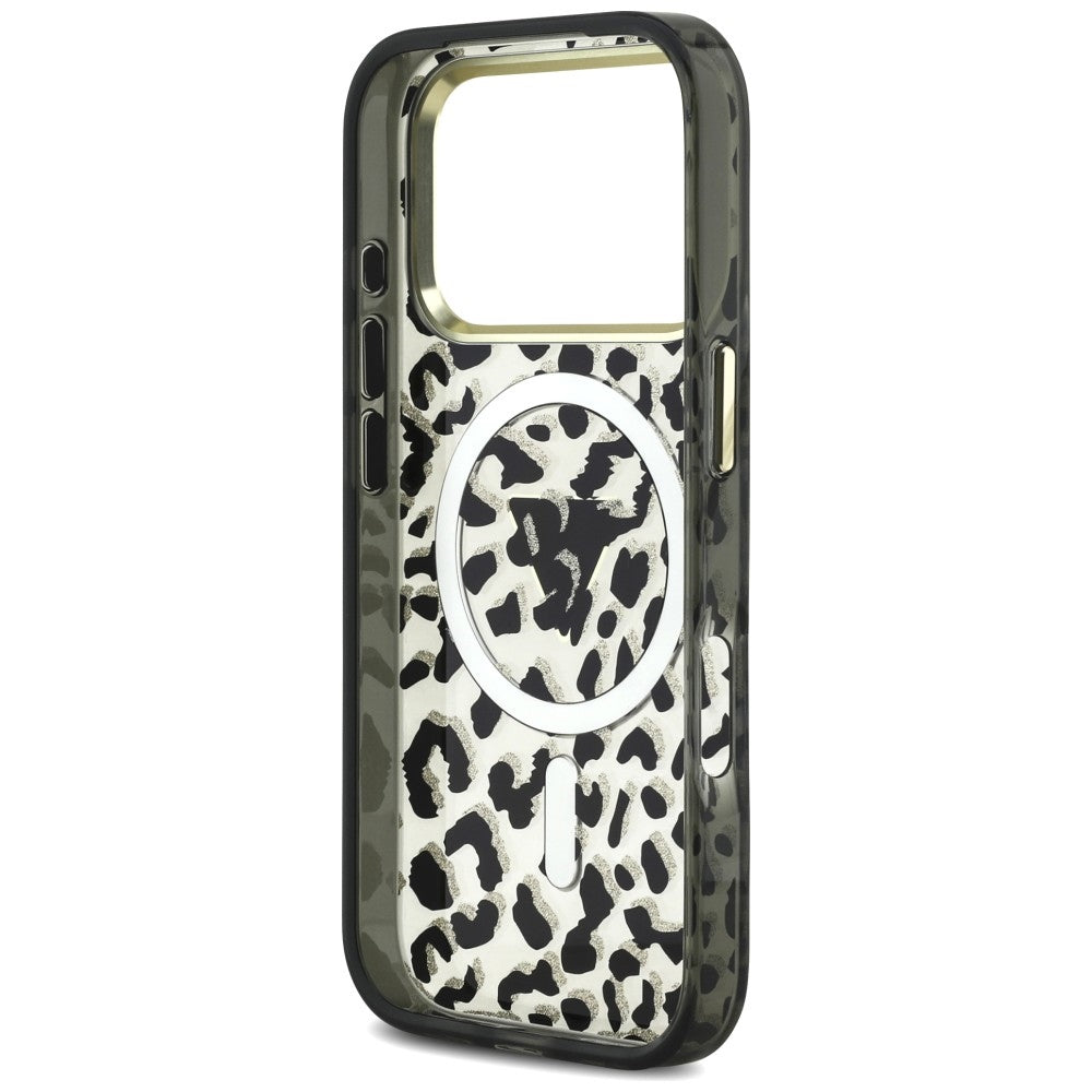 Capa MagSafe para Apple iPhone 18 Pro / 17 Pro, Guess, Logo Triângulo Glitter Leopardo, Preta