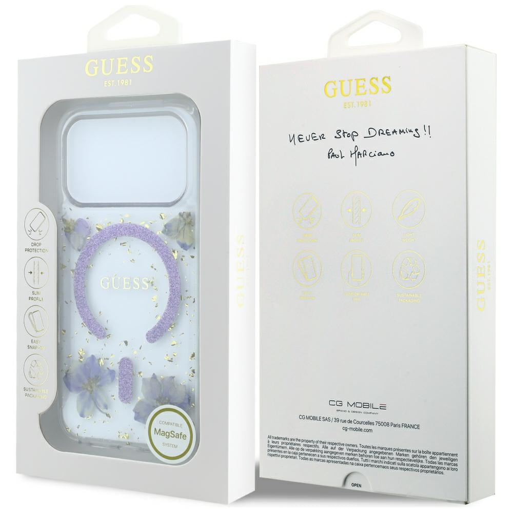 Capa MagSafe para Apple iPhone 18 Pro / 17 Pro, Guess, Flores de Resina e Brilho, Roxo