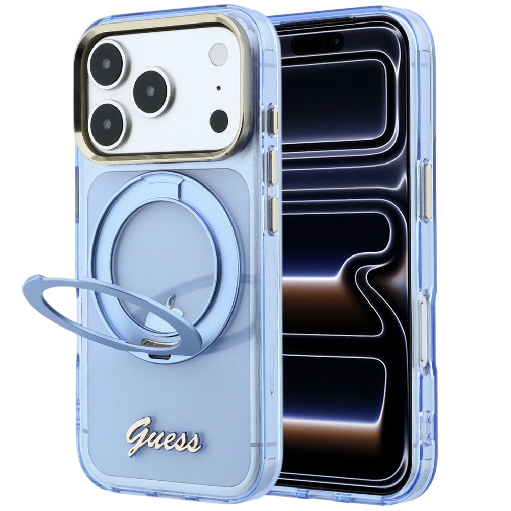 Capa MagSafe para Apple iPhone 18 Pro / 17 Pro, Guess, Suporte Anelar Script Metal Logo, Azul