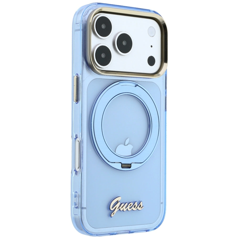 Capa MagSafe para Apple iPhone 18 Pro / 17 Pro, Guess, Suporte Anelar Script Metal Logo, Azul