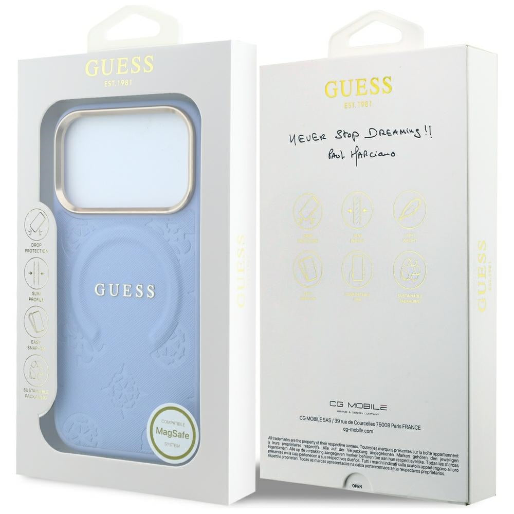 Capa MagSafe para Apple iPhone 18 Pro / 17 Pro, Guess, Saffiano Peony Ring, Azul