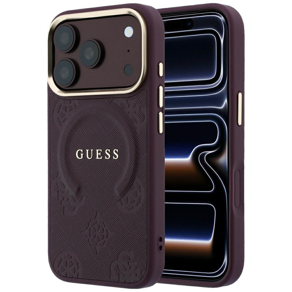 Capa MagSafe para Apple iPhone 18 Pro / 17 Pro, Guess, Saffiano Peony Ring, Vinho