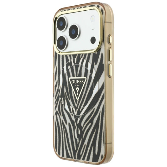 Capa MagSafe para Apple iPhone 18 Pro / 17 Pro, Guess, Logo Triângulo Glitter Zebra, Dourada