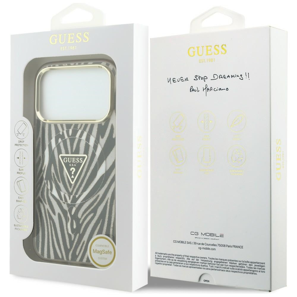 Capa MagSafe para Apple iPhone 18 Pro / 17 Pro, Guess, Logo Triângulo Glitter Zebra, Dourada