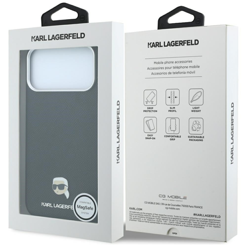 Capa MagSafe para Apple iPhone 18 Pro / 17 Pro, Karl Lagerfeld, Metal com Textura da Cabeça de Karl, Preta