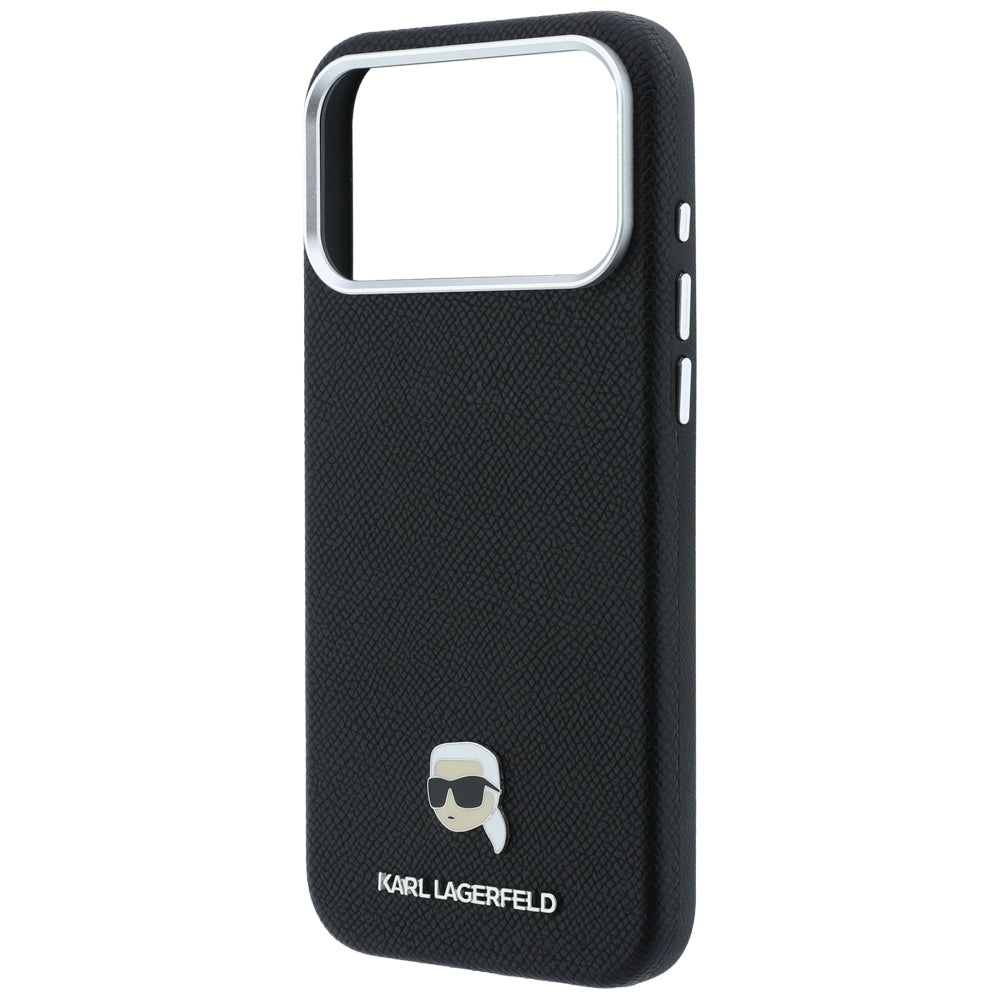 Capa MagSafe para Apple iPhone 18 Pro / 17 Pro, Karl Lagerfeld, Metal com Textura da Cabeça de Karl, Preta