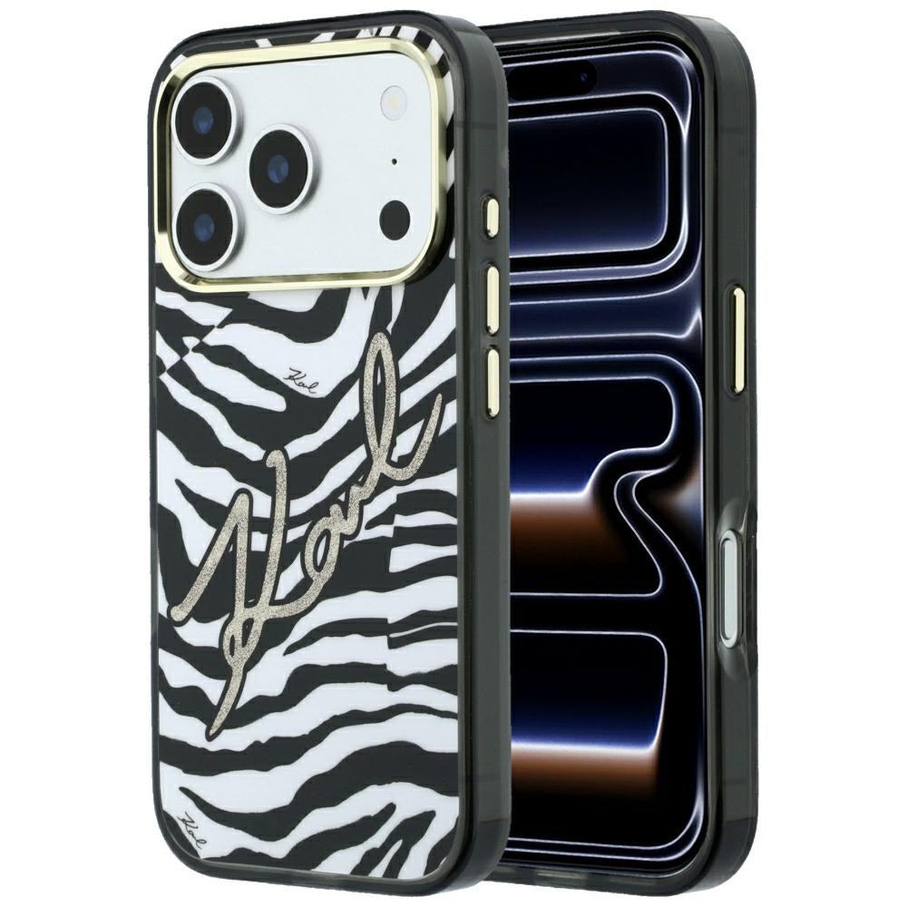 Capa MagSafe para Apple iPhone 18 Pro / 17 Pro, Karl Lagerfeld, HC IML Signature Zebra Glitter Gold, Preta