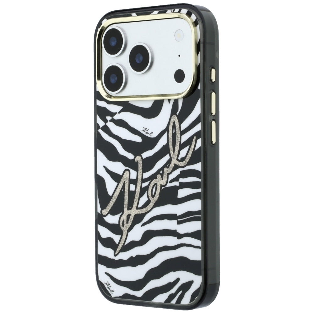 Capa MagSafe para Apple iPhone 18 Pro / 17 Pro, Karl Lagerfeld, HC IML Signature Zebra Glitter Gold, Preta