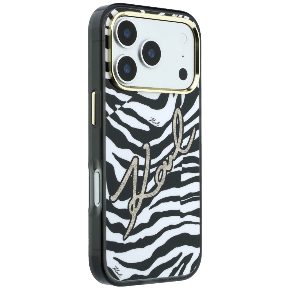 Capa MagSafe para Apple iPhone 18 Pro / 17 Pro, Karl Lagerfeld, HC IML Signature Zebra Glitter Gold, Preta
