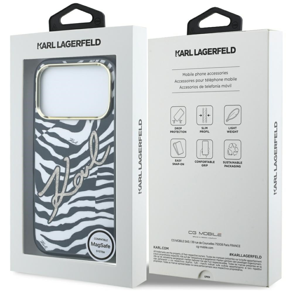 Capa MagSafe para Apple iPhone 18 Pro / 17 Pro, Karl Lagerfeld, HC IML Signature Zebra Glitter Gold, Preta