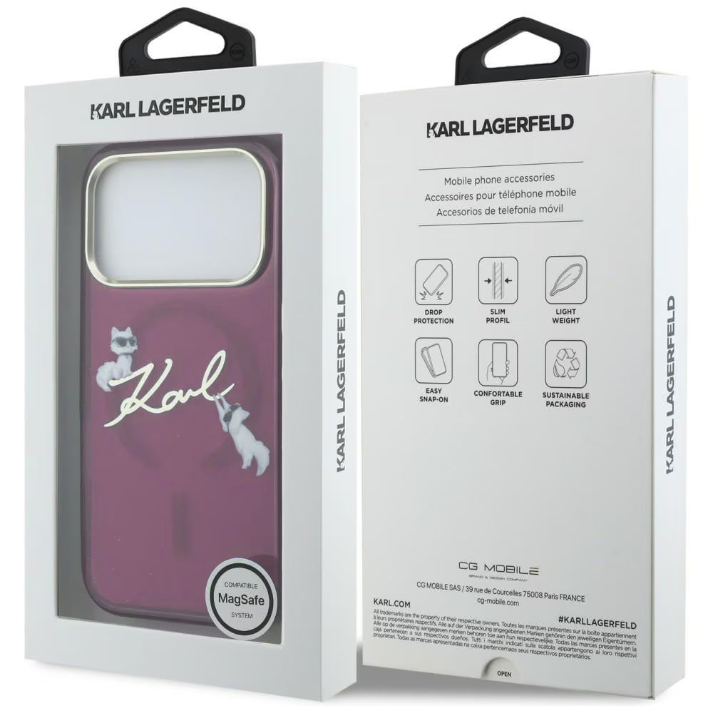 Capa MagSafe para Apple iPhone 18 Pro / 17 Pro, Karl Lagerfeld, IML Choupette Karl Script Logo, Vinho