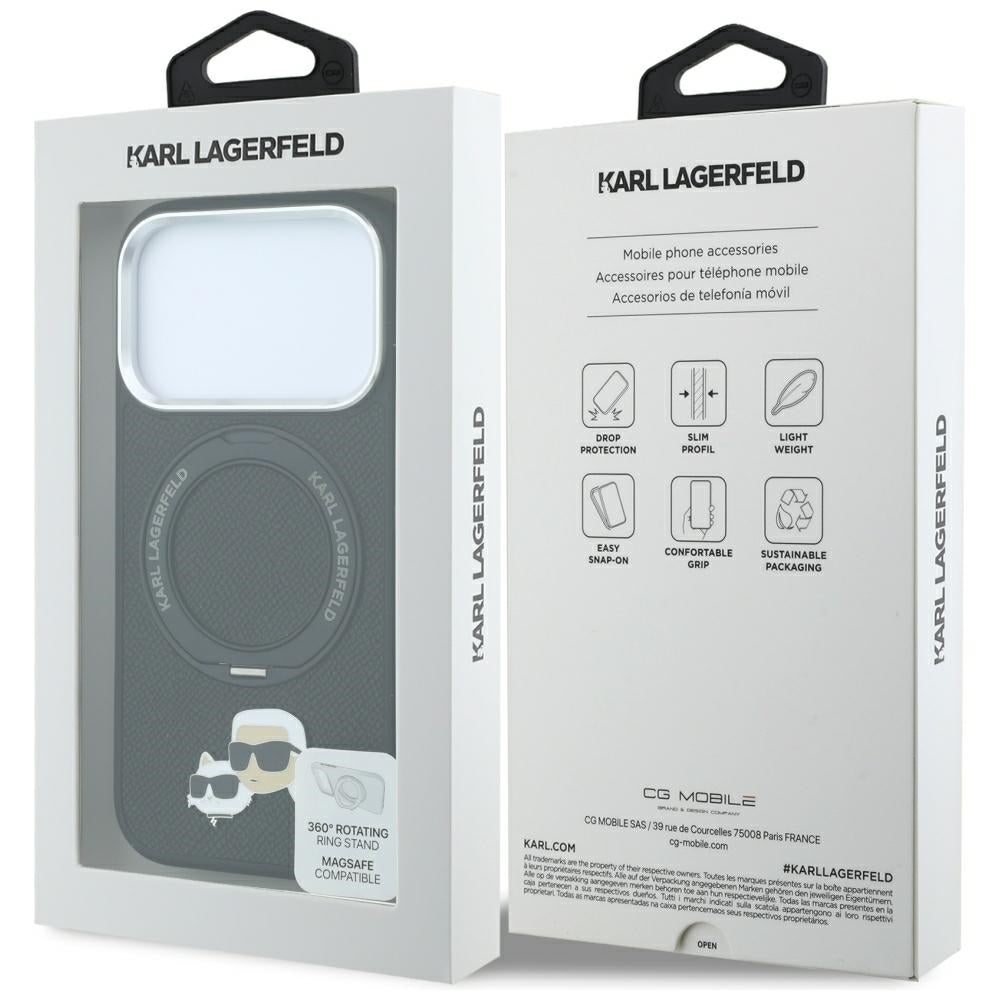 MagSafe Case for Apple iPhone 18 Pro / 17 Pro, Karl Lagerfeld, Ring Stand 360 Karl & Choupette Pin, Black