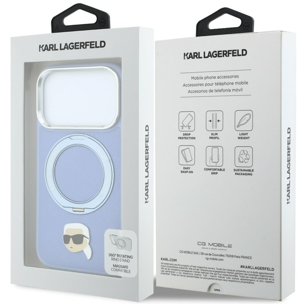 Capa MagSafe para Apple iPhone 18 Pro / 17 Pro, Karl Lagerfeld, Suporte Ring 360 Karl Pin, Azul