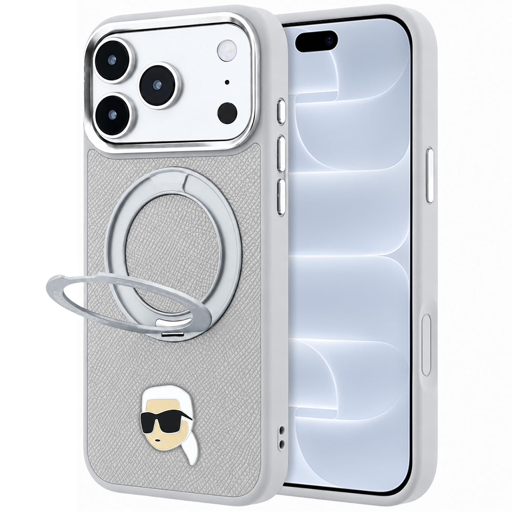 Capa MagSafe para Apple iPhone 18 Pro / 17 Pro, Karl Lagerfeld, Ring Stand 360 Karl Pin, Cinzento