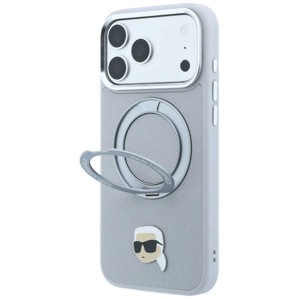 Capa MagSafe para Apple iPhone 18 Pro / 17 Pro, Karl Lagerfeld, Ring Stand 360 Karl Pin, Cinzento