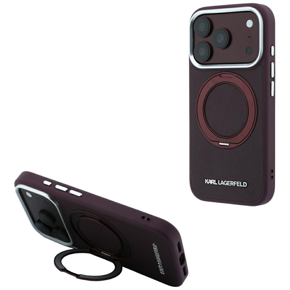 Capa MagSafe para Apple iPhone 18 Pro / 17 Pro, Karl Lagerfeld, Ring Stand 360 Saffiano, cor de vinho