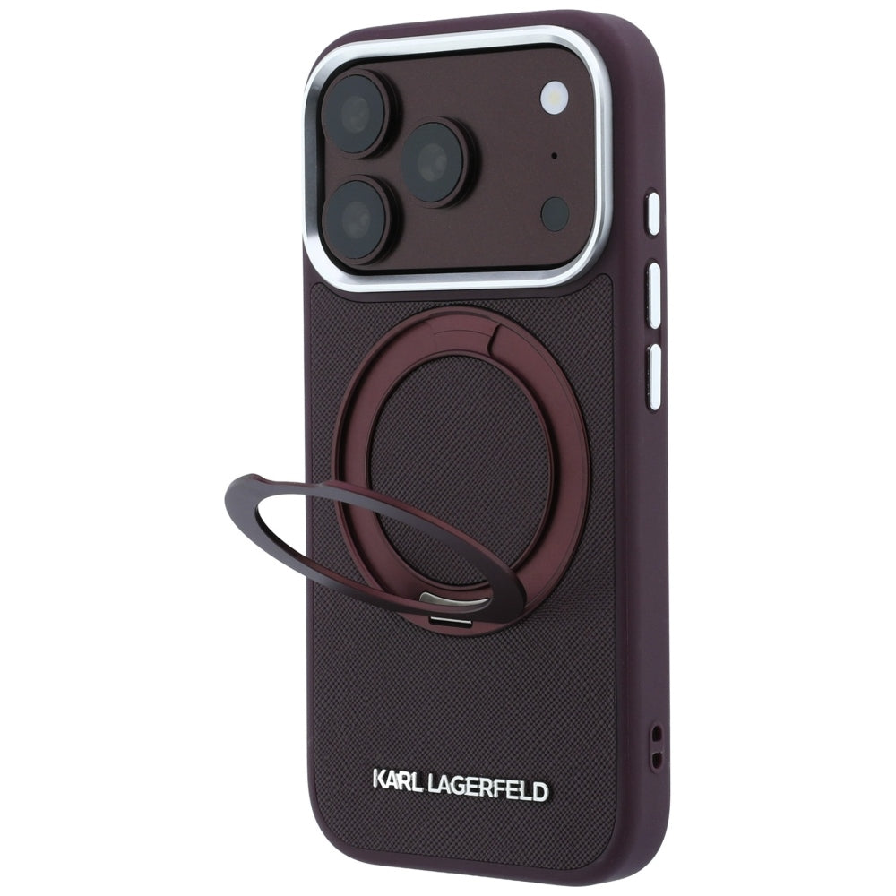 Capa MagSafe para Apple iPhone 18 Pro / 17 Pro, Karl Lagerfeld, Ring Stand 360 Saffiano, cor de vinho